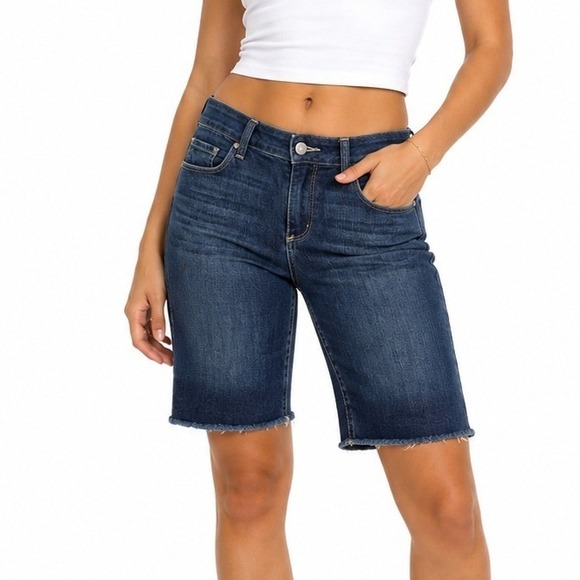 PAIGE Pants - Paige Jax Knee Shorts Dark Wash Raw Hem Denim Bermuda Shorts | Size 25